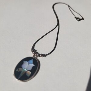 Mexico MOP Floral Inlay Pendant Womens Black Onyx 925 Sterling Silver Necklace